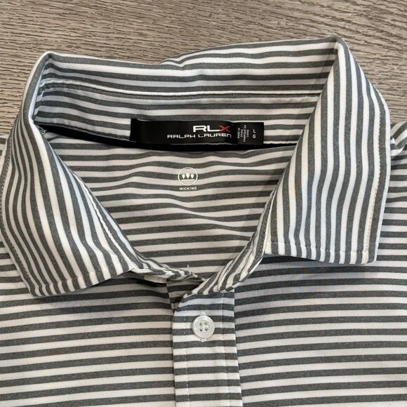 RLX Ralph Lauren Striped Wicking Golf Polo Gray White Mens Large Preppy Athletic - Picture 1 of 6